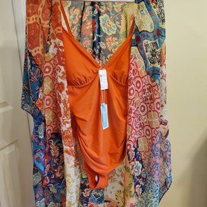 NWT Cupshe Orange Ruched One Piece Swimsuit. Will include Kimono Cover-Up